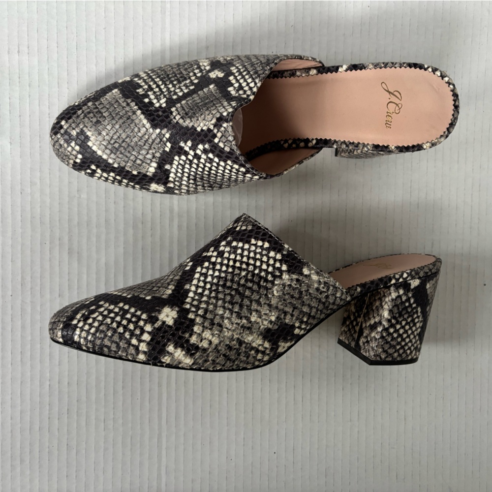 J. Crew Sophie Mule Snake Print Embossed Leather Block Heel Black/Gray Sz 10.5